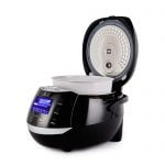 Yum Asia Sakura rice cooker in black with lid open and stainless steel inner lid