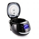 Yum Asia Sakura rice cooker in black colour showing Ninja ceramic bowl with silk print level lines and stainless steel inner lid