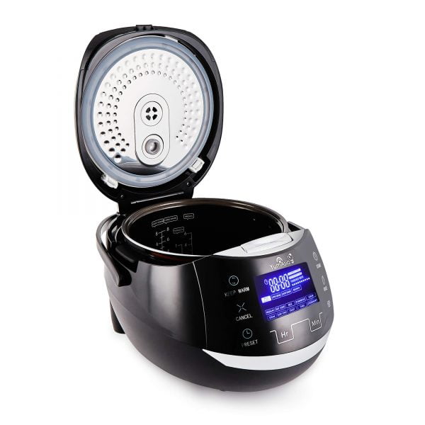 Yum Asia Sakura rice cooker in black colour showing Ninja ceramic bowl with silk print level lines and stainless steel inner lid