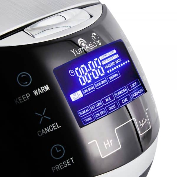 Close up of Sakura rice cooker MoTouch display and control panel by Yum Asia in black colour