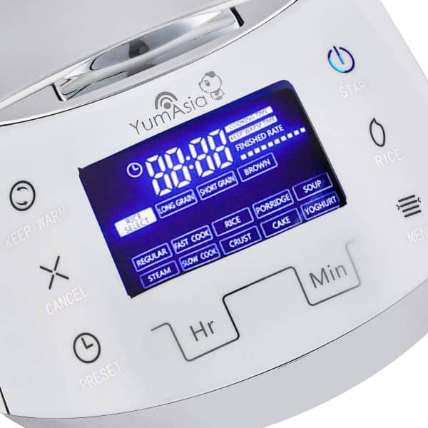 Close up of Sakura rice cooker MoTouch display and control panel by Yum Asia