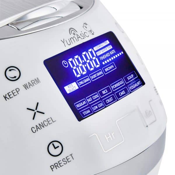 Yum Asia Sakura rice cooker in white colour close up of display