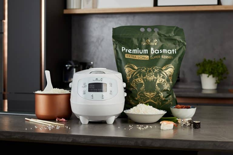 Panda mini rice cooker in arctic white with Yum Asia super kernel basmati rice