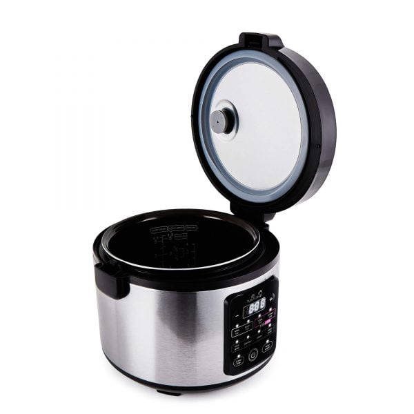 Yum Asia rice cooker light stainless steel lid open right side