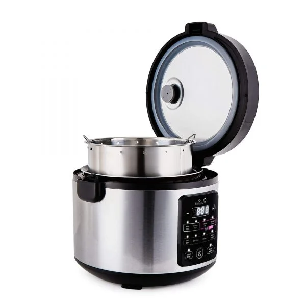 Yum Asia rice cooker light stainless steel lid open left side
