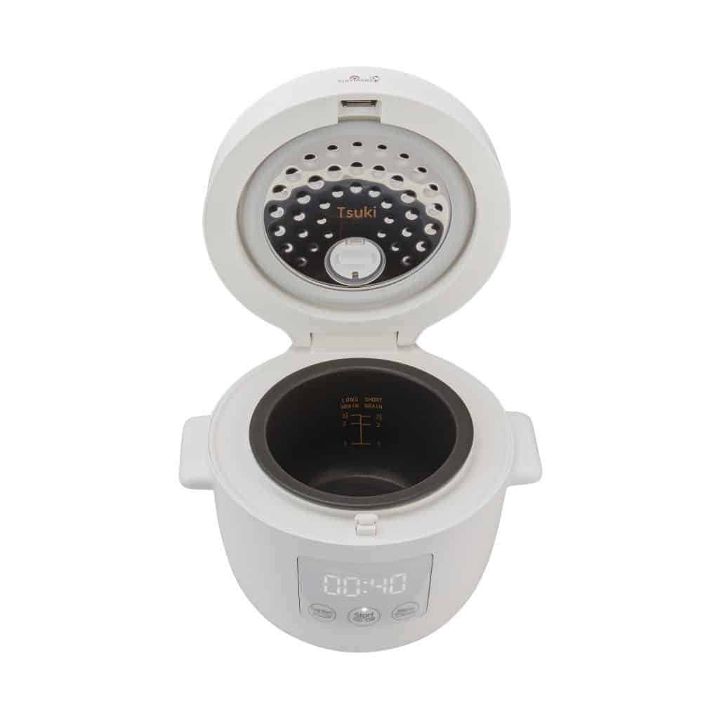 Tsuki rice cooker in white with lid open top down