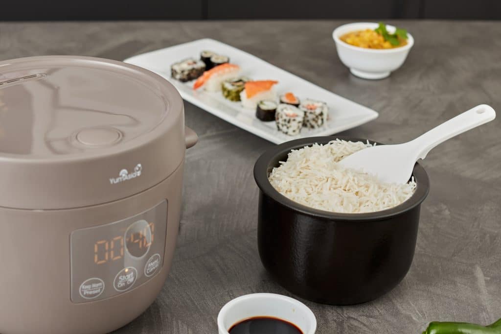 Tsuki rice cooker in grey colour serving rice