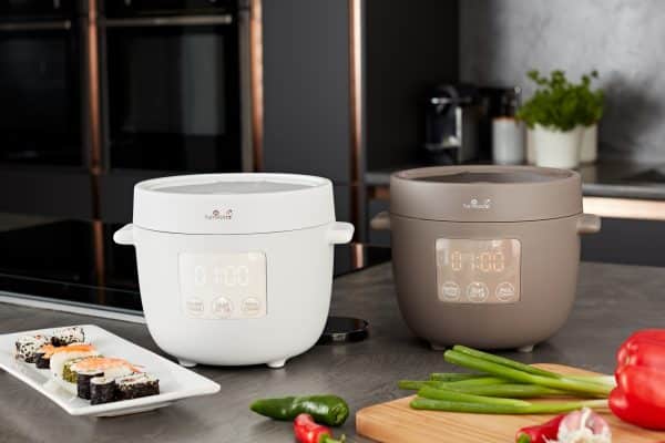 Tsuki rice cookers in both Pebble Grey and Pebble white in kitchen
