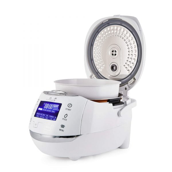 White Sakura rice cooker with lid open showing stainless steel inner lid