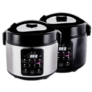 Kumo rice cookers in dark and light stainless steel