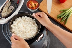 Panda mini rice cooker with hands lifting Ninja rice bowl cobalt grey