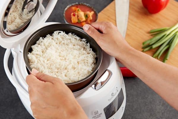 Panda mini rice cooker with hands lifting Ninja rice bowl arctic white