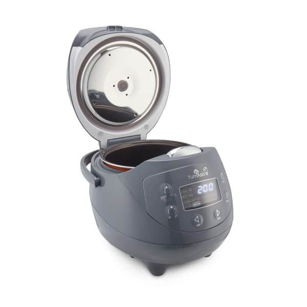 Panda mini rice cooker in cobalt grey side on view with lid open