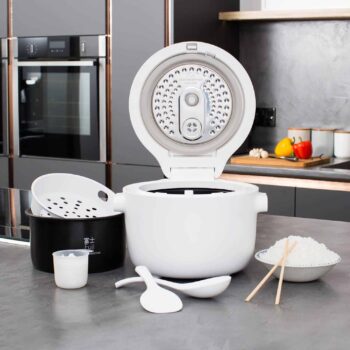 Fuji UMAI IH rice cooker in kitchen with accessories