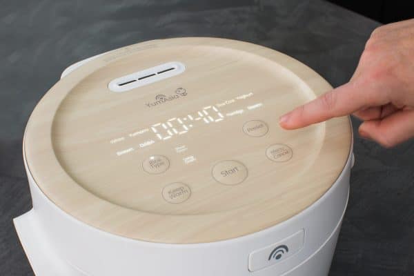 Fuji UMAI IH rice cooker with close up of hybrid hidden under touch and press button display