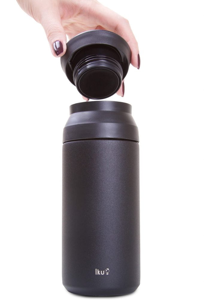 Iku black thermal vacuum flask with lid being removed