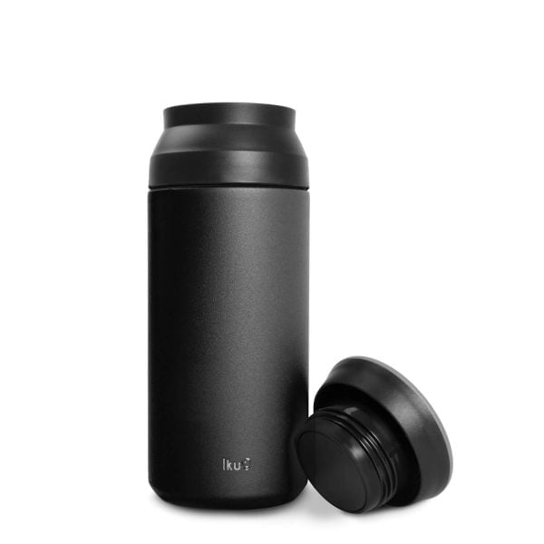 Iku black thermal vacuum flask with lid removed