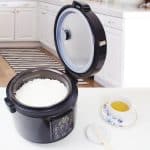 Kumo YumCarb rice cooker with lid open and rice cooked