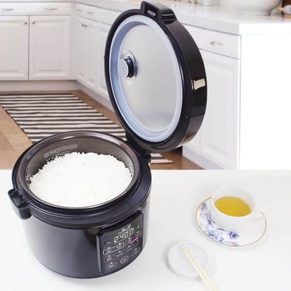 Kumo YumCarb rice cooker with lid open and rice cooked