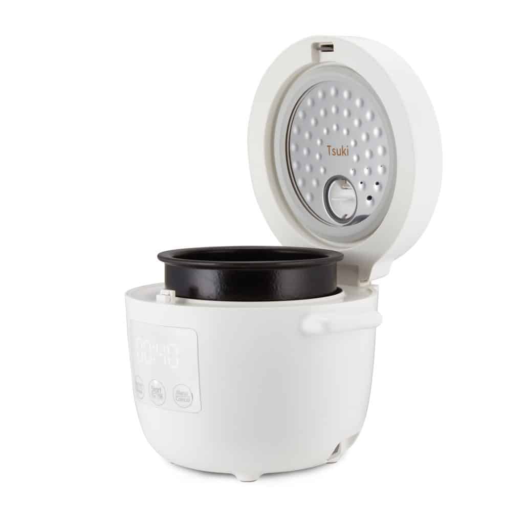 Tsuki rice cooker in white showing lid up with Shinsei ceramic bowl and stainless steel inner lid