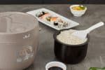 Tsuki rice cooker in grey with rice in bowl