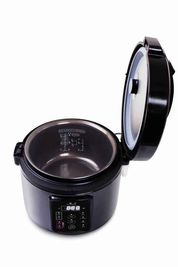 Front on top down view of dark Kumo rice cooker (US version)