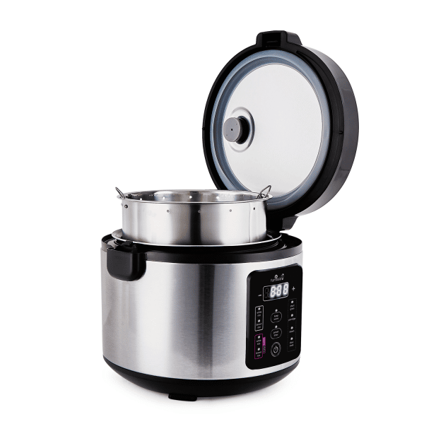 Side of light Kumo rice cooker with lid open and YumCarb tray showing (US version)