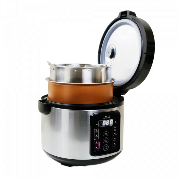 Kumo rice cooker US version side on exploded light stainless steel